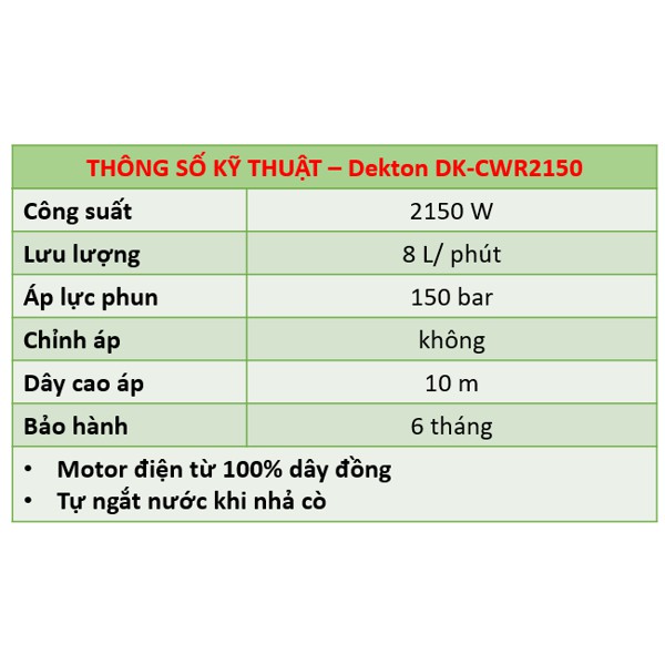 Máy rửa xe giá rẻ - DEKTON 2150w - DK-CW2150 - đồng 100% - Chính hãng - bảo hành 6 tháng