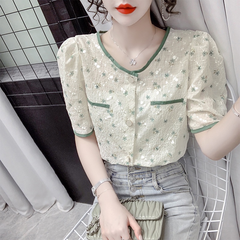 Áo Sơ Mi Hoa Tay Ngắn Phong Cách Mới Mùa Hè áo sơ mi voan hoa áo ren tay ngắn