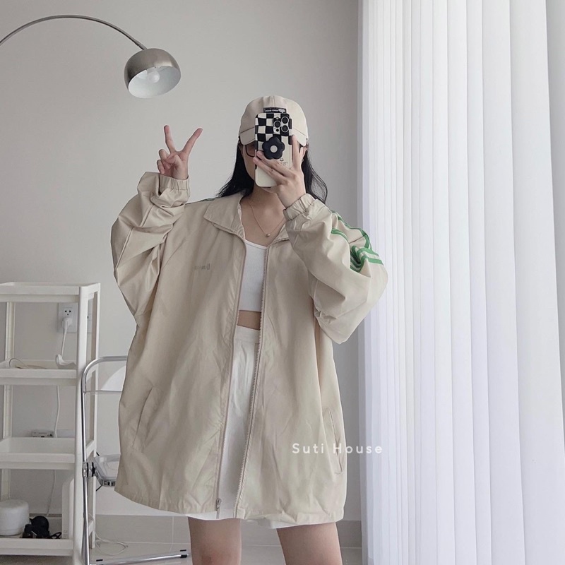 Áo Jacket Dù phối 3line màu Kem Form Rộng Unisex - Suti House