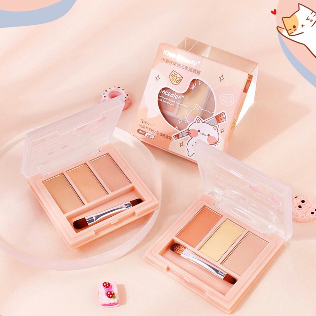 Bảng che khuyết điểm 3 màu kèm cọ KISS BEAUTY Concealer KISS10 | BigBuy360 - bigbuy360.vn