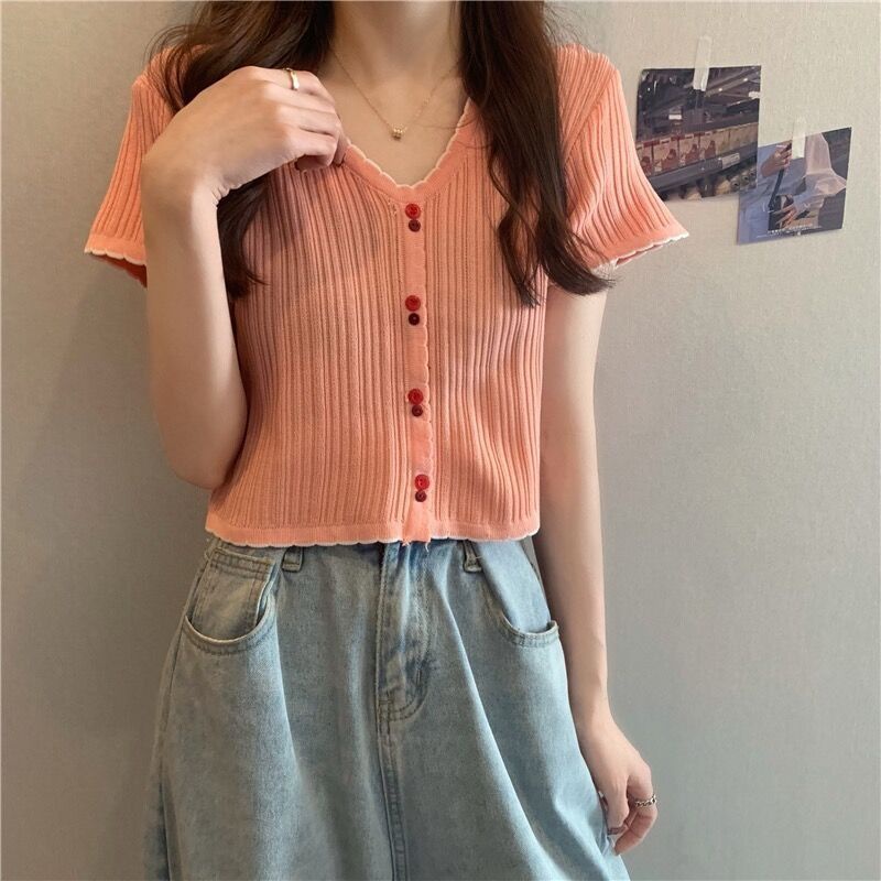 Áo Dệt Kim Tay Ngắn Cổ Chữ v Chất Liệu Lụa Mát Cao Cấp Thời Trang