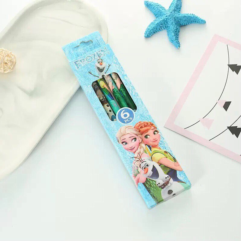 Hộp 6 bút chì gỗ, viết chì 2B hình nhân vật hoạt hình Elsa, công chúa  siêu nhân, Hello kitty sắc nét mã FA2045