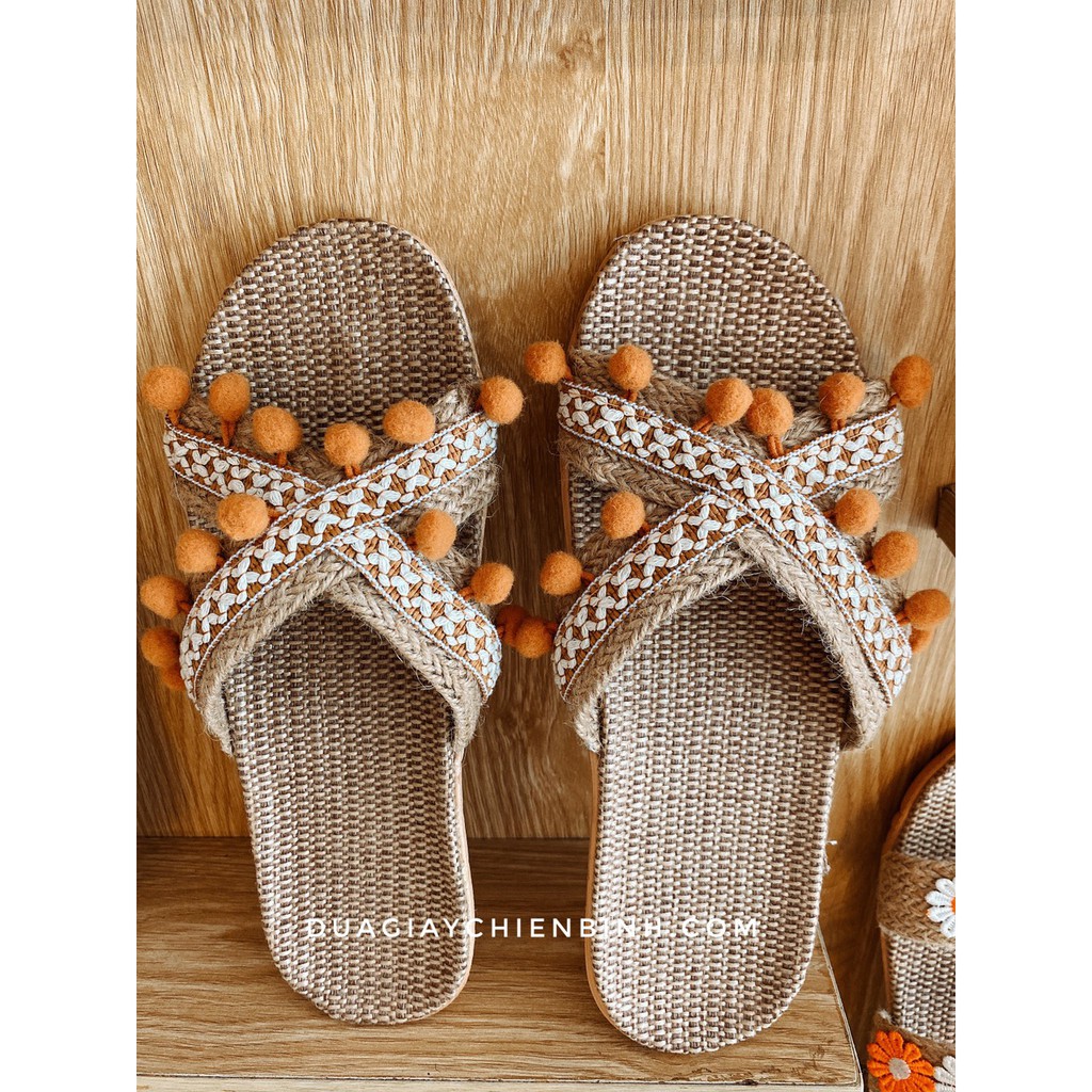 Dép Cói Quai Chéo Tua Rua Làm Thủ Công, Dép Đi Biển