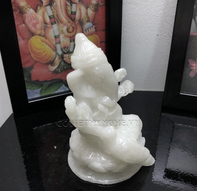 Tượng Đá Thần Voi Ganesha - Đá Trắng Non Nước - Cao 10cm