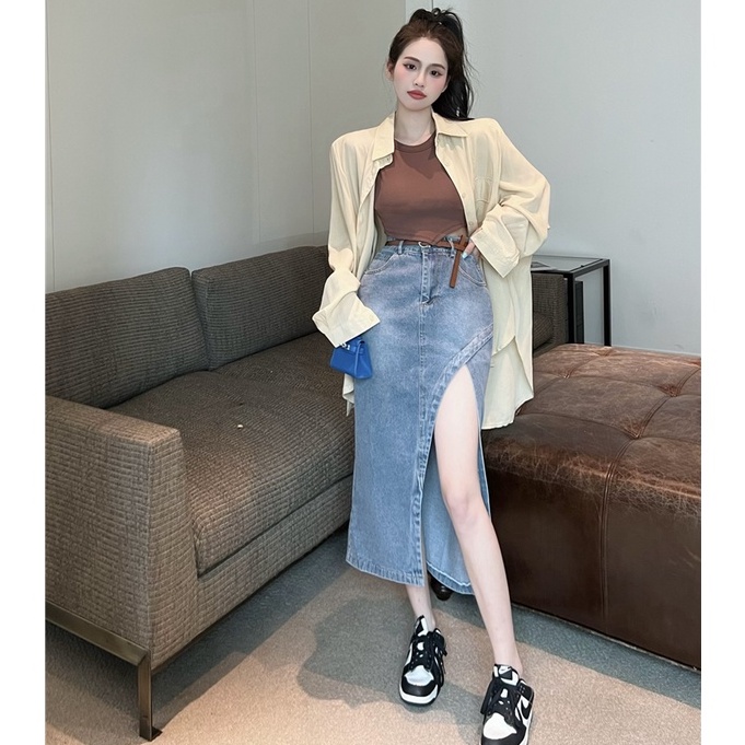 Bộ Áo Hai Dây + Áo Sơ Mi Tay Dài Chống Nắng + Chân Váy Denim Xẻ Tà Lưng Cao Thời Trang Quyến Rũ Cho Nữ