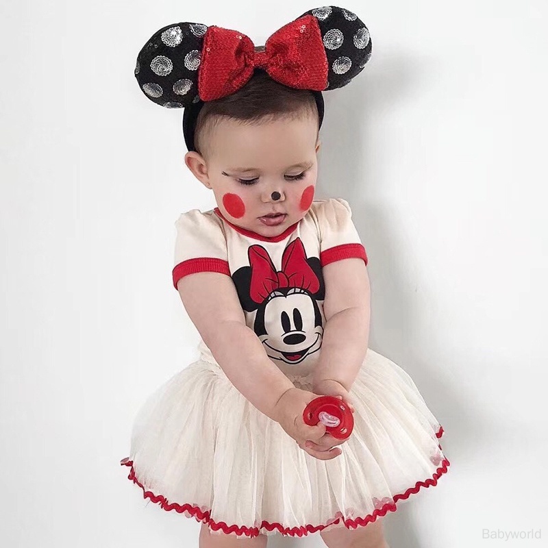 Đầm Công Chúa Tay Ngắn Cổ Tròn Phối Lưới In Họa Tiết Chuột Mickey Hoạt Hình Cho Bé Gái