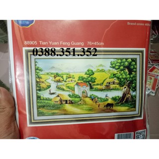 tranh thêu chu thập phong cảnh làng quê với cánh đồng lúa vàng kt 76x45cm