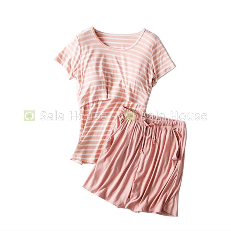 Đồ Bộ Bầu Mặc Nhà và Sau Sinh Cho Con Bú Vải Modal Siêu Mềm Mịn Mát - Kèm lót ngực - BD02