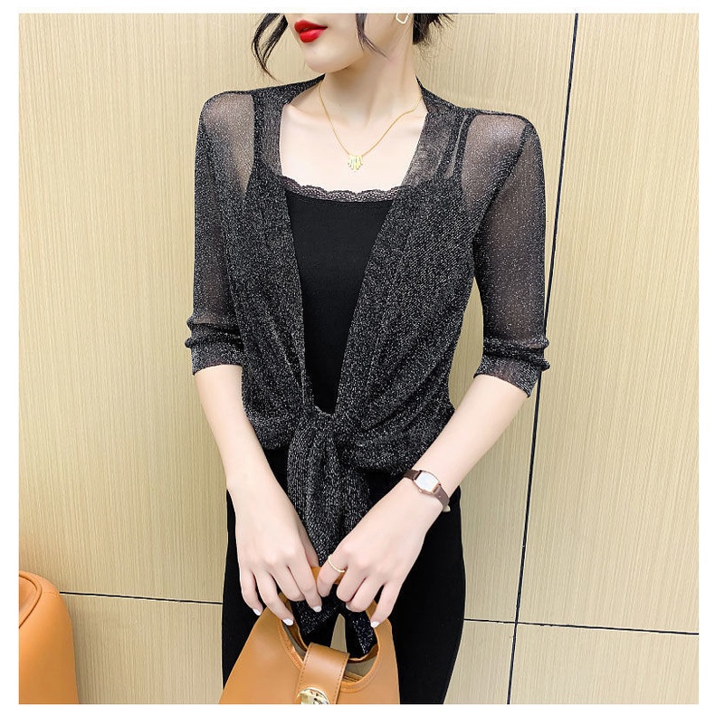 Áo Khoác Cardigan Vải Lưới Mỏng Màu Trơn Tay Lửng Chống Nắng Thời Trang Mùa Hè Cho Nữ
