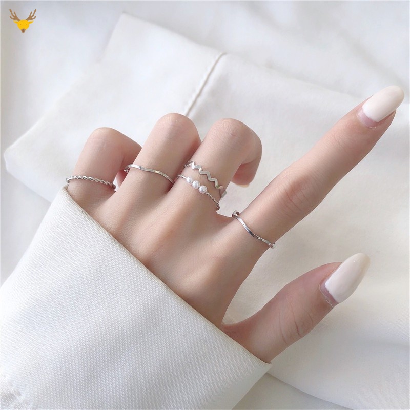 Set 5 Nhẫn Đeo Tay Đính Ngọc Trai Nhân Tạo Thời Trang Hàn Quốc