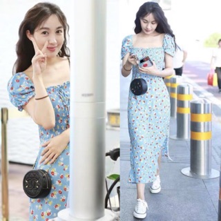 (ORDER-sẵn M) Váy hoa nhí dáng dài xẻ tà cổ vuông tay phồng kiểu Pháp sexy sang chảnh