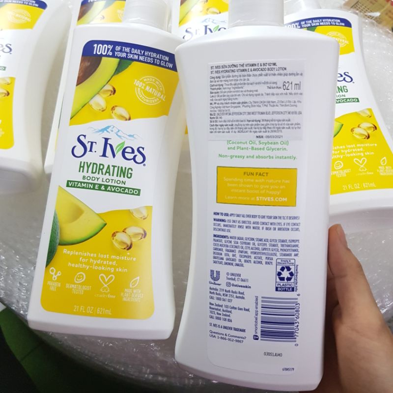 Sữa Dưỡng Thể Toàn Thân dưỡng ẩm ngăn ngừa lão hóa St.Ives Body Lotion vitamin E &amp; avocado chai  621ml