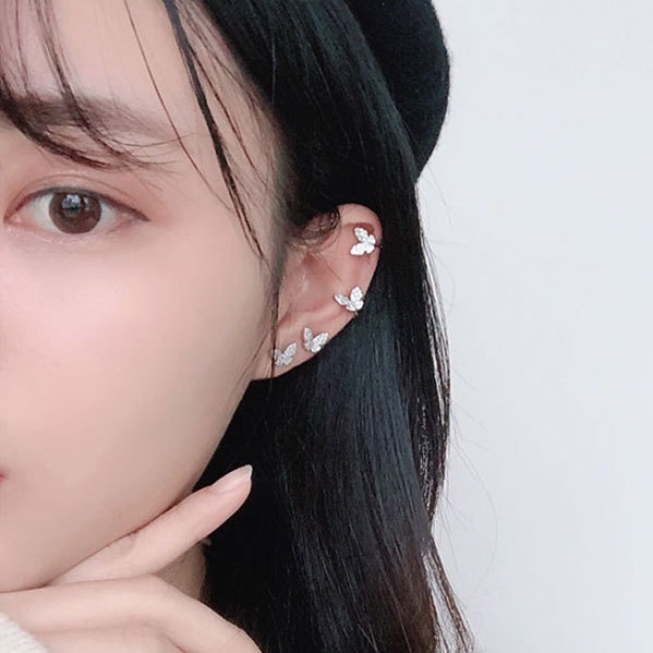 Bông tai bươm bướm bạc ý 925 kẹp vành nữ cá tính