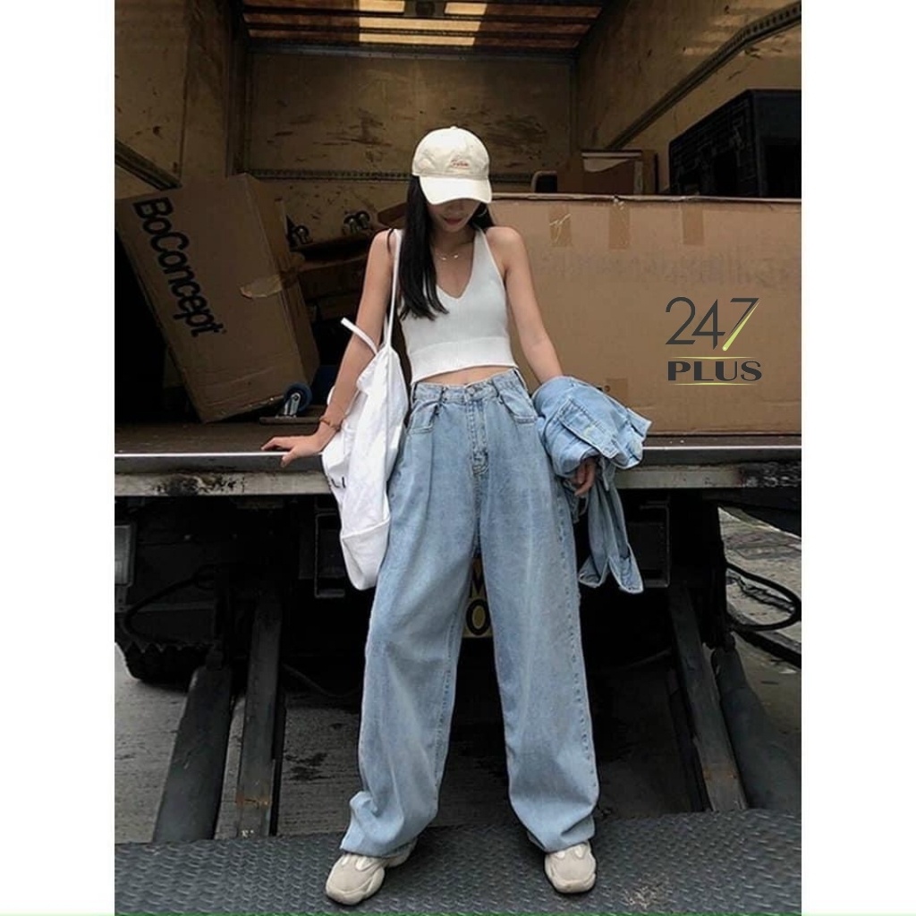 Quần Culottes Jean cạp cao năng động thụng móc cài dài 100cm