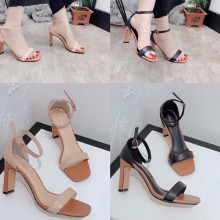 Sandal gót vuông dẹt mảnh da mềm đen nâu công sở