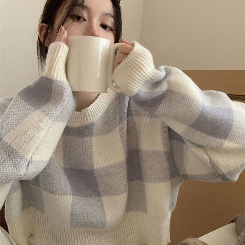 COZOK Áo Sweater Tay Dài Dáng Rộng Sọc Ca Rô Phối Màu Tương Phản Cá Tính Thời