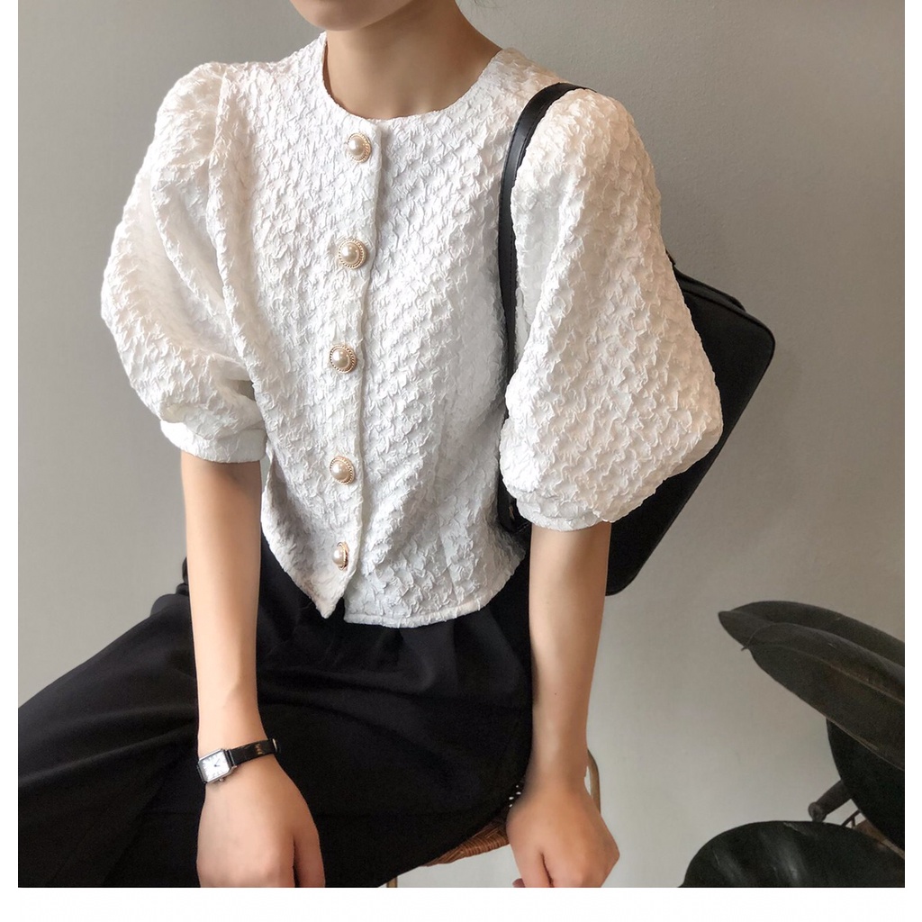 Áo sơ mi SUXI tay phồng ngắn dáng rộng phong cách Hàn Quốc thời trang mùa hè cho nữ