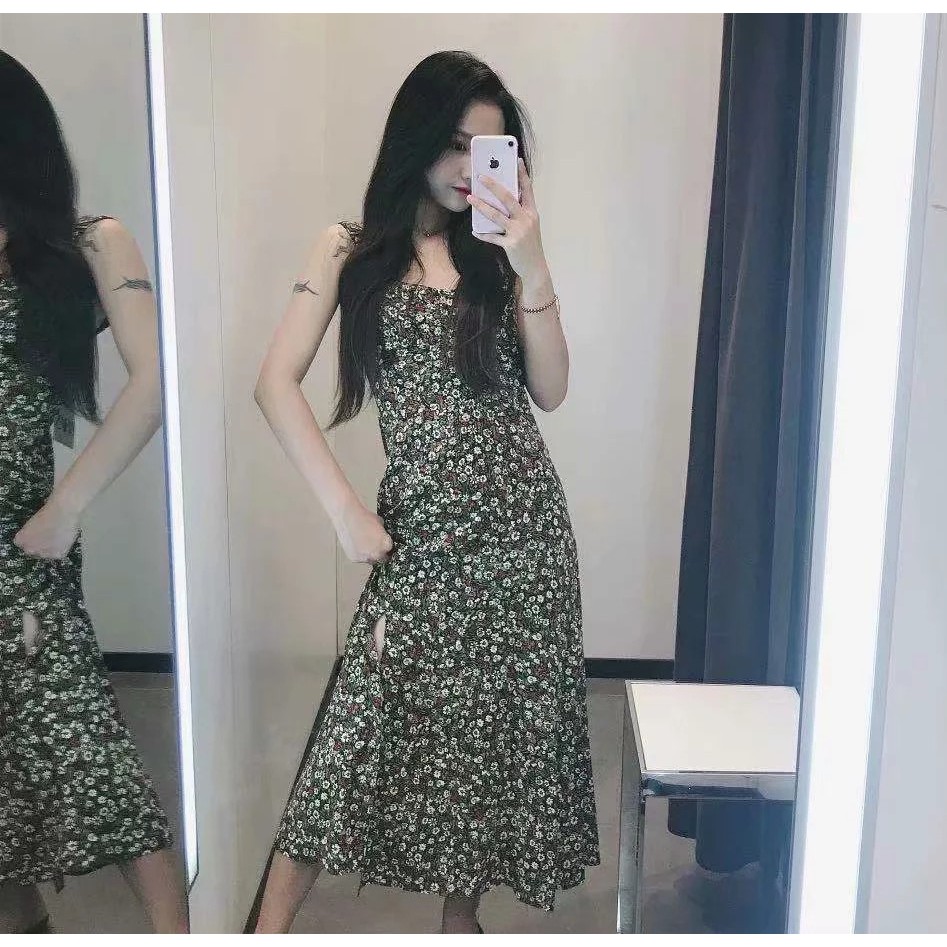 (Order) ĐẦM MIDI HOA 2 DÂY (Hình chụp thật)