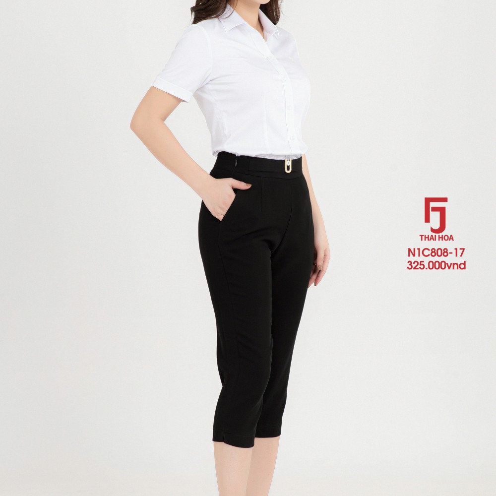 Quần lửng lỡ ngố nữ Thái Hòa, màu Đen, dáng rộng đùi, xẻ gấu N1C-808-17