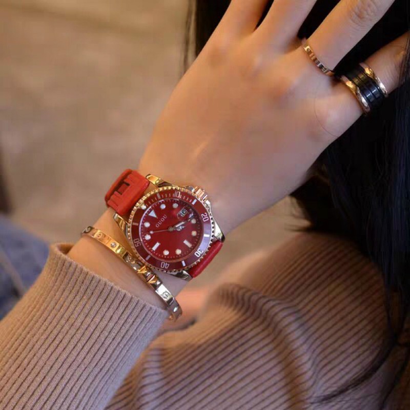 Đồng hồ nữ đeo tay dây da Guou viền mạ vàng chính hãng chống nước tuyệt đối 8077 | BigBuy360 - bigbuy360.vn