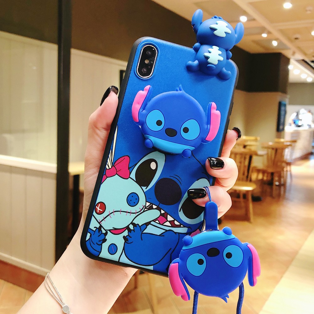 Cute Blue Stitch Soft TPU Phone Case for Samsung Galaxy A71 A51 A70 A50 A30 A20 A50s A30s A20s A10s A21s A01 S20 S10 S9 S8 Plus 3D Japanese Cartoon Bracket Lanyard Cover