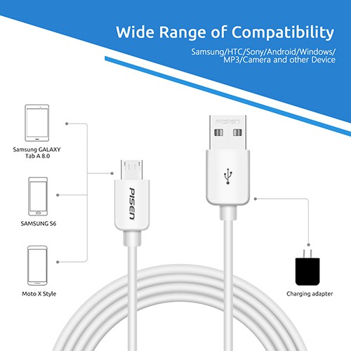 Cáp Pisen Micro USB 2A 800mm, model: MU01-800, bảo hành 18 tháng - Hàng chính hãng