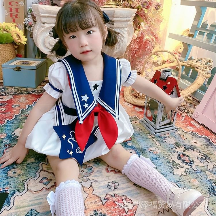 Đầm Công Chúa Mùa Hè Tay Cộc Phong Cách Hải Quân Dễ Thương Cho Bé Gái 2022