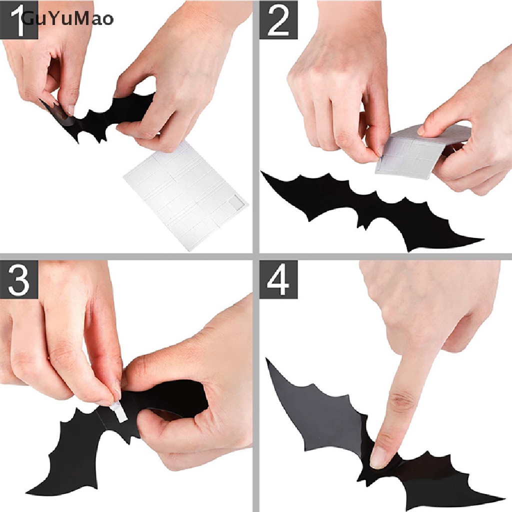 Set 12 sticker dán trang trí tiệc Halloween hình dơi 3d bằng pvc màu đen