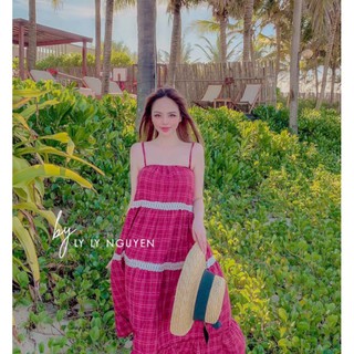Đầm maxi 2 dây caro phối ren tm