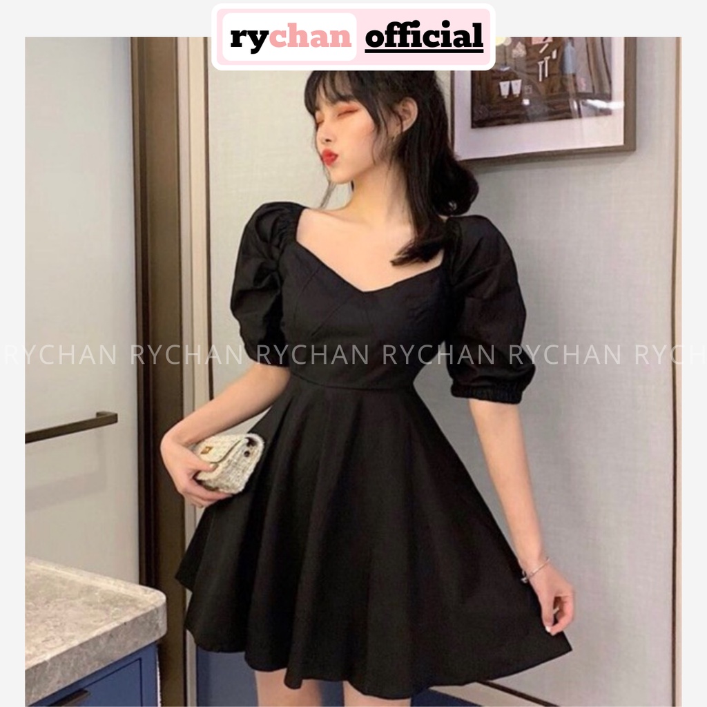 Đầm Xòe Nữ Dự Tiệc Cổ Tim Tay Ngắn Phồng Thiết Kế Ngực Cực Hút Mắt Màu Đen Trắng - DX9936