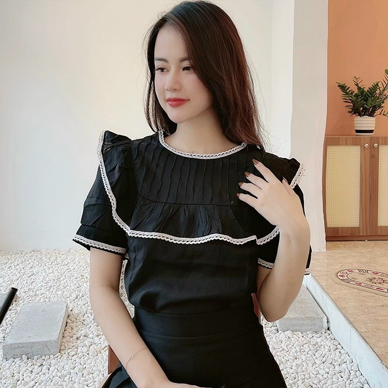 Áo Sơ Mi Nữ Kiểu Chất Đũi Ngắn Tay Cổ Tròn Bèo Ren - 6 Màu Xanh Đen Vàng Nâu Be Trắng - Hanlly Fashion Thời Trang - A14