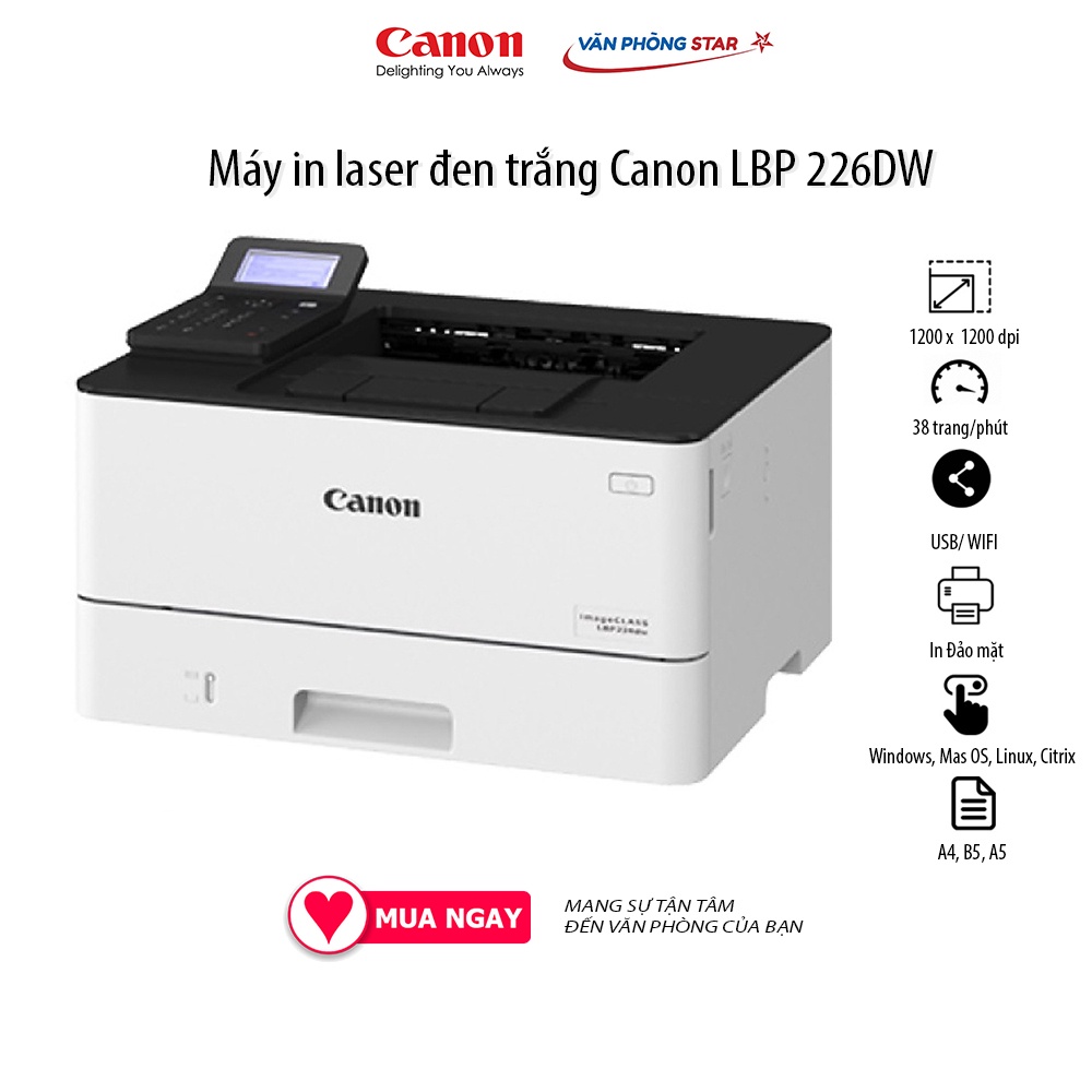 Máy in laser đen trắng Canon LBP 226DW mới 100% tốc độ 38 trang/phút độ phân giải 1200 x 1200 tại Vanphongstar chính hãn