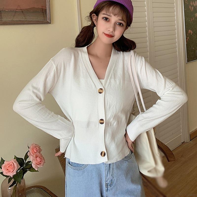 Áo Cardigan Dệt Kim Tay Dài Cổ Chữ V Màu Trơn Đơn Giản Phong Cách Hàn Quốc