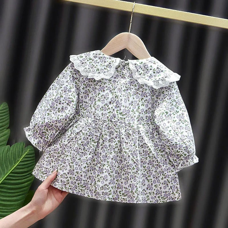 Váy công chúa  tay dài họa tiết hoa thiết kế cổ lá sen thời trang mùa hè cho trẻ em 0-4 tuổi