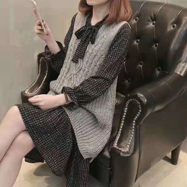 Set váy kẻ len + gile len