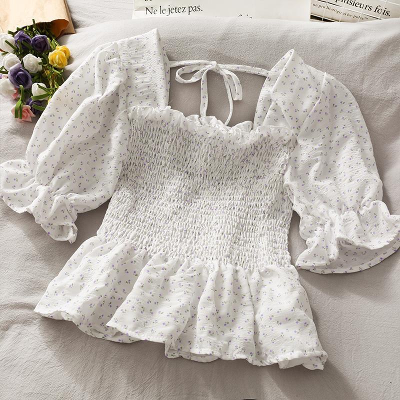 COZOK Áo Kiểu Tay Ngắn Cổ Vuông Xếp Ly Form Ôm Họa Tiết Hoa