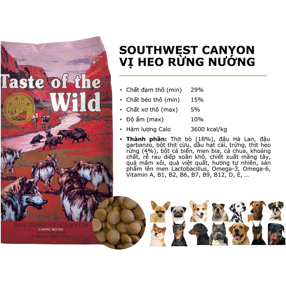 [DINH DƯỠNG CAO] THỨC ĂN HẠT CHO TẤT CẢ GIỐNG CHÓ 170G TASTE OF THE WILD SOUTHWEST CANYON VỊ HEO RỪNG NƯỚNG