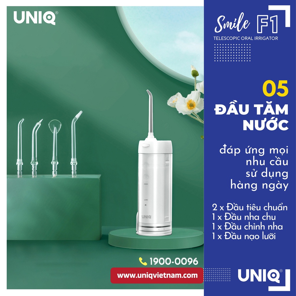 Tăm nước cầm tay UNIQ Smile F1 máy vệ sinh răng miệng mini xịt rửa làm sạch kẽ răng niềng cạo lưỡi Waterpik SIMI