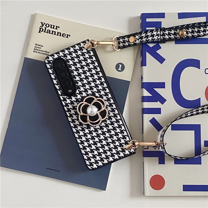 Bao Da Điện Thoại pu Họa Tiết Hoa Trà Đính Ngọc Trai Thời Trang Cho samsung galaxy z fold 5 4 3 5g Ốp