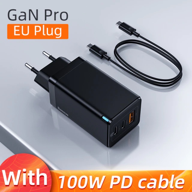 Bộ sạc BASEUS GaN2/GaN3Pro/Gan3Desktop tặng kèm cáp 100W (C-C) chính hãng. Hỗ trợ sạc Macbook, Laptop, iPhone, iPad, DT