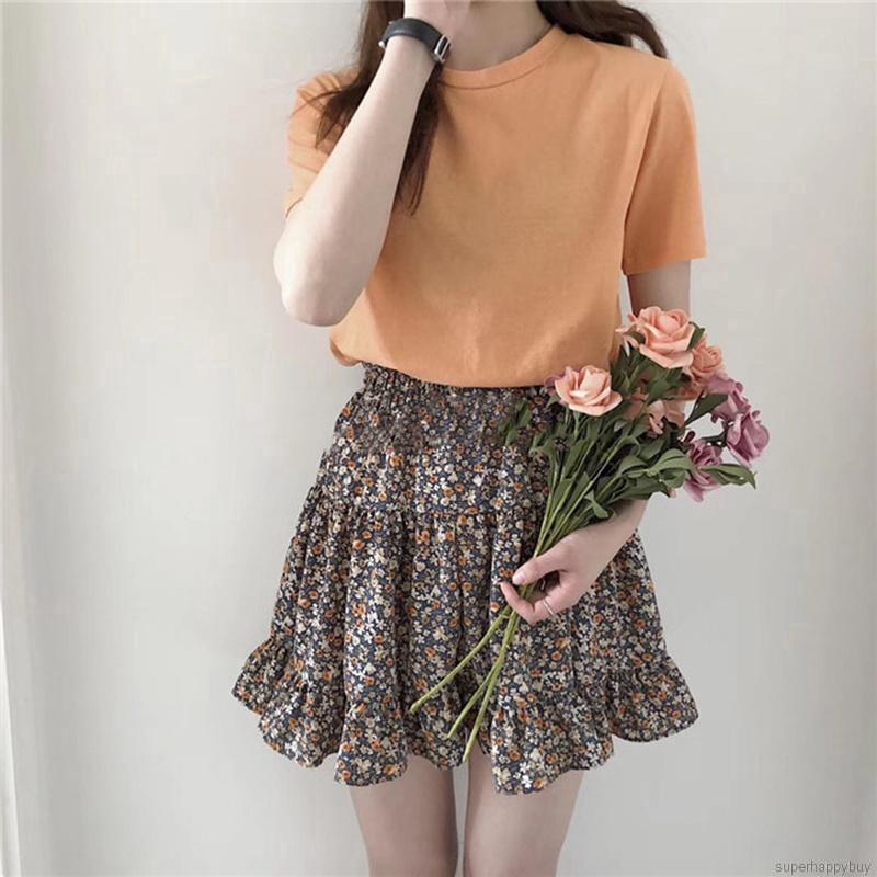 Women Sweet Ruffled High Waist Pleated Chiffon Floral Short Skirts