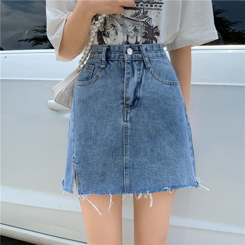 COZOK Chân váy jean Lưng Cao Xẻ Tà Đơn Giản Hợp Thời Trang Dễ Phối Đồ