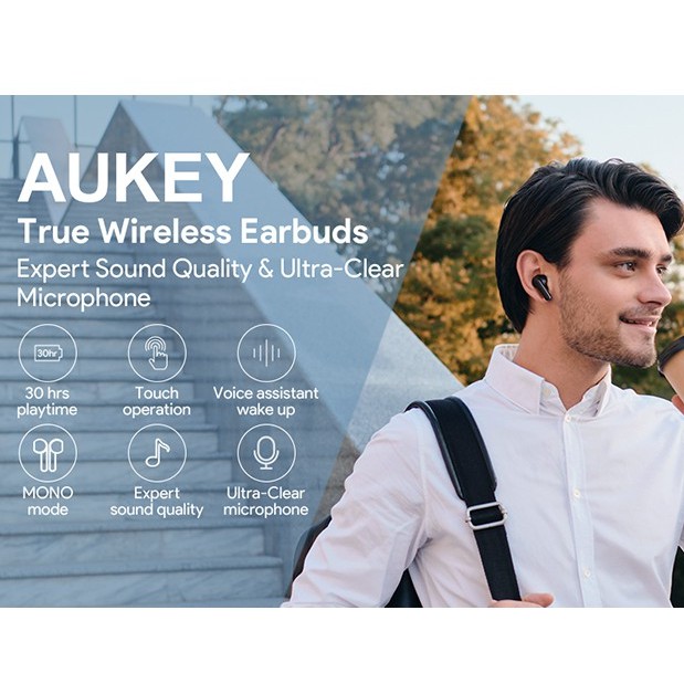 Tai Nghe True Wireless AUKEY EP-M1 Bluetooth 5.0 Pin Lên Tới 25H Cảm Ứng Chống Nước IPX5 Nghe Độc Lập 2 Tai