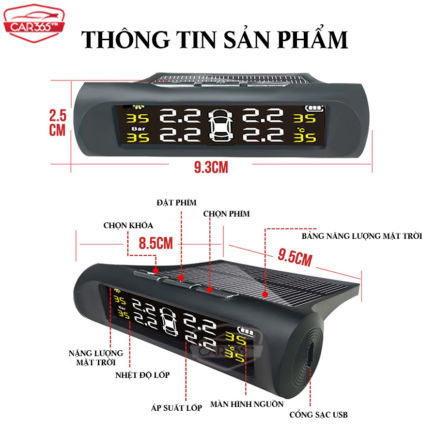 Cảm biến áp suất lốp ô tô van ngoài quốc tế mới cao cấp CAR365, màn hình LCD, pin năng lượng mặt trời - CAR36