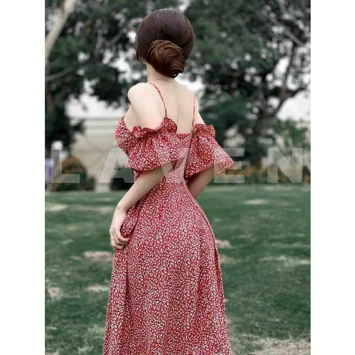 Váy đầm nữ dáng xòe hia dây trễ vai họa tiết dễ thương