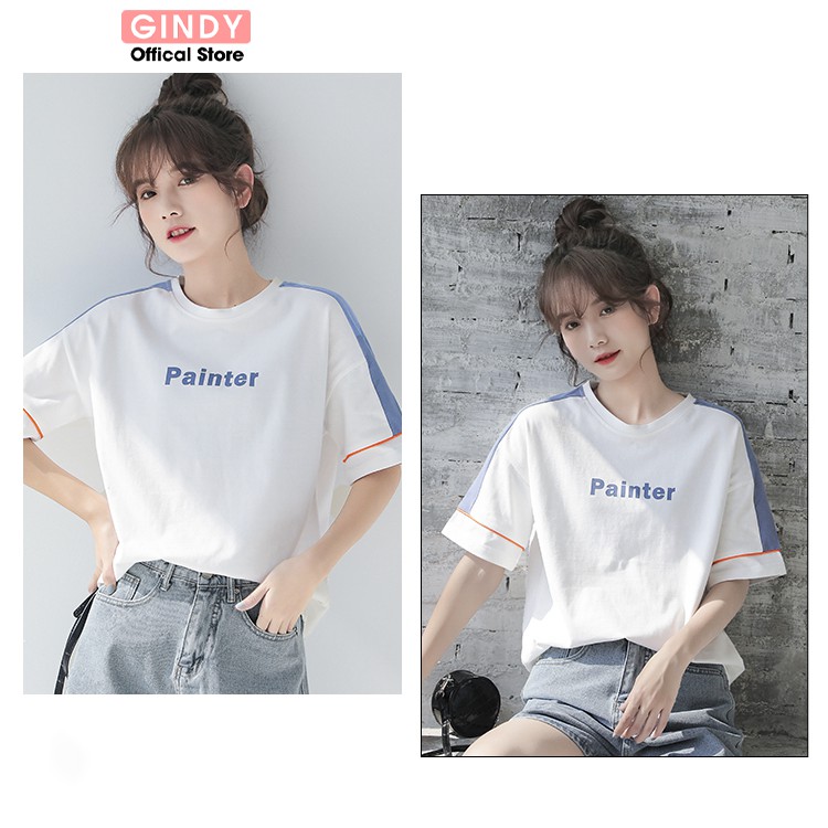 Áo thun nữ tay lỡ form rộng dáng basic unisex GINDY PAINTER chất cotton thoáng mát, co giãn A6171