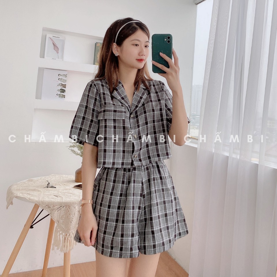 [SALE] Set Áo Sơ Mi Kẻ Caro Nhiều Màu Dáng Ngắn Cộc Tay Một Bên Túi Ngực Và Quần Short Cạp Chun - S.043