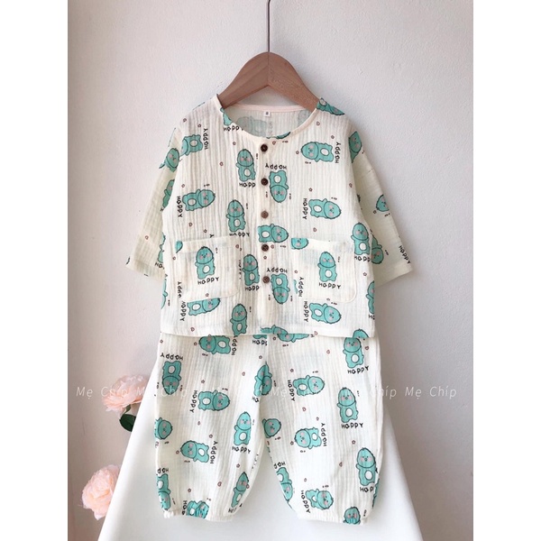 vải xô muslin 2 lớp khủng long happy may đồ bộ dài tay cho bé