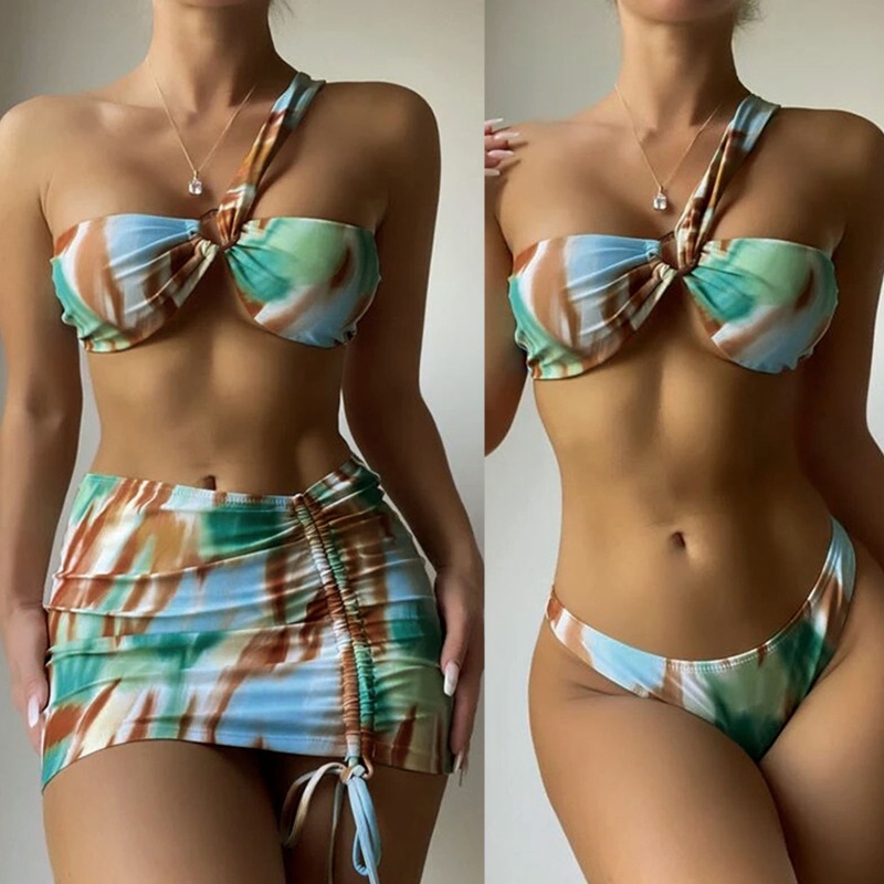 Bộ Đồ Bơi Bikini Ba Mảnh Mềm Mại Màu Nhuộm Phối Túi Thắt Nút Gợi Cảm Cho Bạn Gái