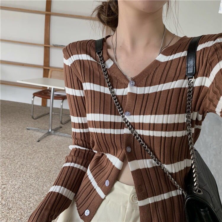 Áo cardigan dệt kim tay dài ôm dáng vừa vặn cổ chữ V họa tiết kẻ sọc thời trang dành cho nữ